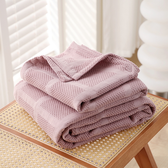 朴尔家纺-毛巾被 2026新款全棉纯棉质朴方格风立体华夫格透气纱布毛巾被-朴尔经典款常年备货 方格华夫格-粉