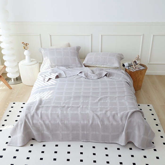 91家纺网 家纺一手货源 找家纺 朴尔家纺-毛巾被 2026新款全棉纯棉质朴方格风立体华夫格透气纱布毛巾被-朴尔经典款常年备货 方格华夫格-灰