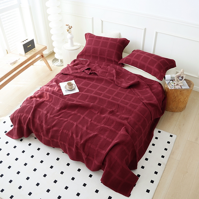 91家纺网 家纺一手货源 找家纺 朴尔家纺-毛巾被 2026新款全棉纯棉质朴方格风立体华夫格透气纱布毛巾被-朴尔经典款常年备货 方格华夫格-酒红