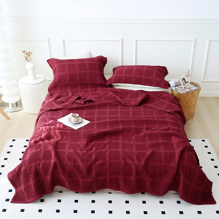 91家纺网 家纺一手货源 找家纺 朴尔家纺-毛巾被 2026新款全棉纯棉质朴方格风立体华夫格透气纱布毛巾被-朴尔经典款常年备货 方格华夫格-酒红
