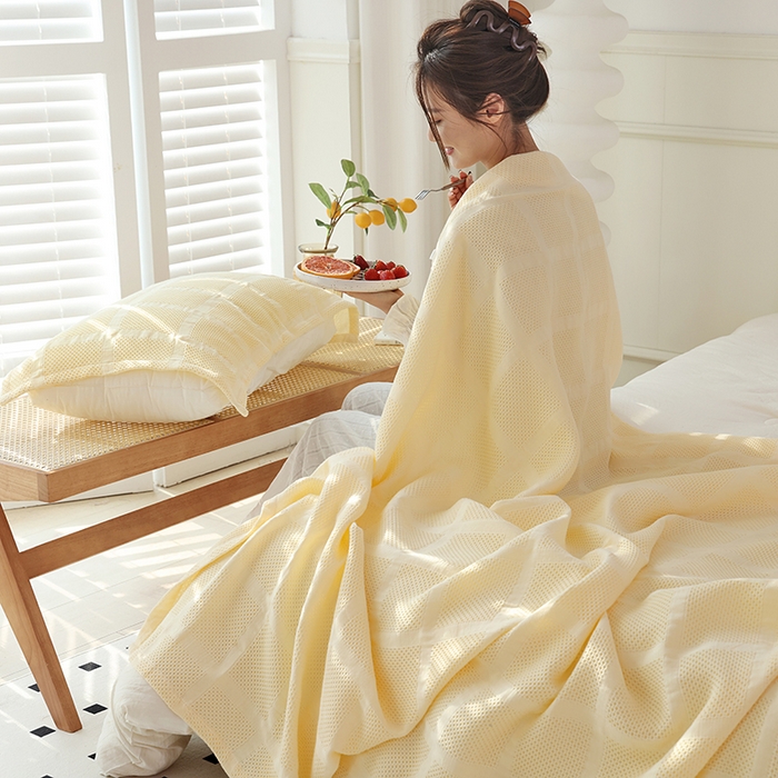 91家纺网 家纺一手货源 找家纺 朴尔家纺-毛巾被 2026新款全棉纯棉质朴方格风立体华夫格透气纱布毛巾被-朴尔经典款常年备货 方格华夫格-米白