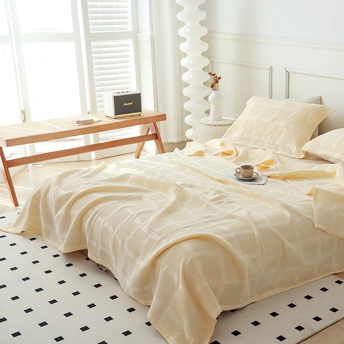 91家纺网 家纺一手货源 找家纺 朴尔家纺-毛巾被 2026新款全棉纯棉质朴方格风立体华夫格透气纱布毛巾被-朴尔经典款常年备货 方格华夫格-米白