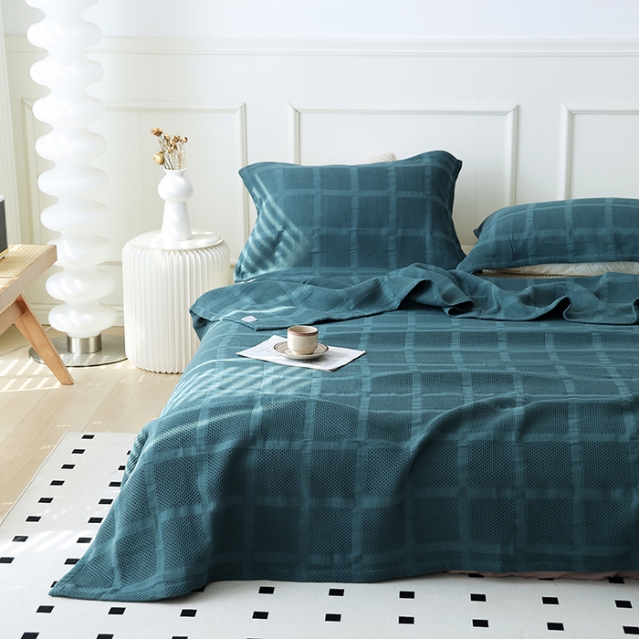 91家纺网 家纺一手货源 找家纺 朴尔家纺-毛巾被 2026新款全棉纯棉质朴方格风立体华夫格透气纱布毛巾被-朴尔经典款常年备货 方格华夫格-墨绿