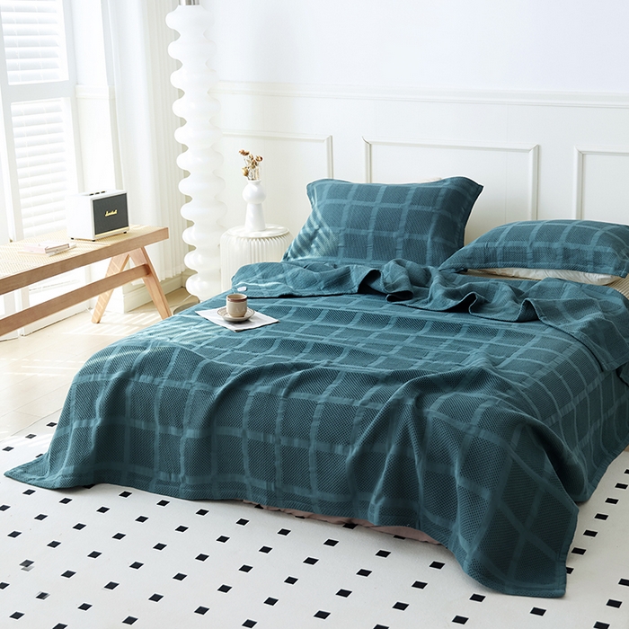 91家纺网 家纺一手货源 找家纺 朴尔家纺-毛巾被 2026新款全棉纯棉质朴方格风立体华夫格透气纱布毛巾被-朴尔经典款常年备货 方格华夫格-墨绿