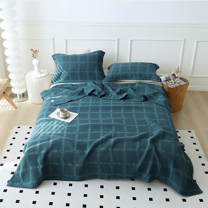 91家纺网 家纺一手货源 找家纺 朴尔家纺-毛巾被 2026新款全棉纯棉质朴方格风立体华夫格透气纱布毛巾被-朴尔经典款常年备货 方格华夫格-墨绿