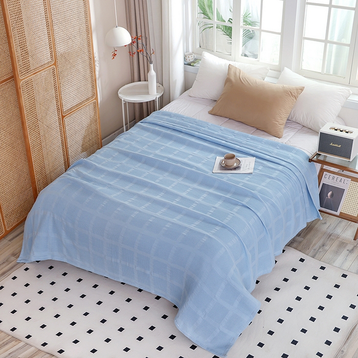 91家纺网 家纺一手货源 找家纺 朴尔家纺-毛巾被 2026新款全棉纯棉质朴方格风立体华夫格透气纱布毛巾被-朴尔经典款常年备货 方格华夫格-浅蓝