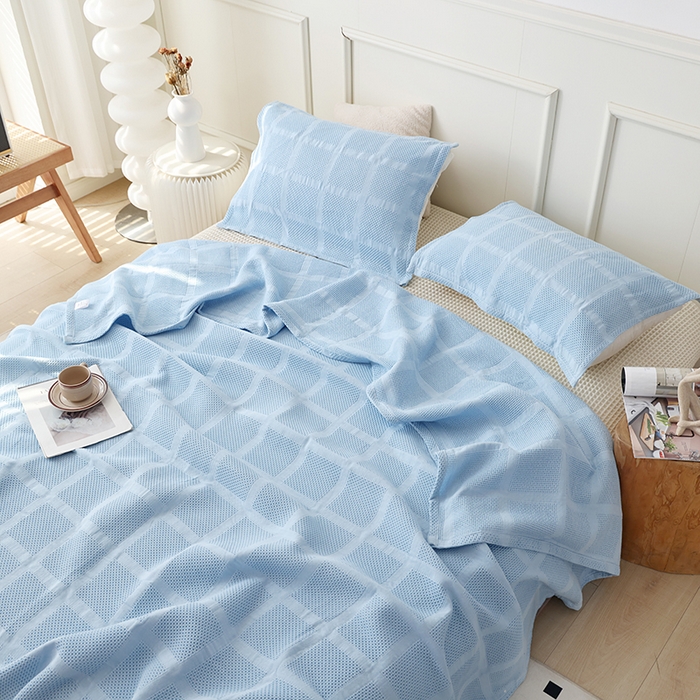 91家纺网 家纺一手货源 找家纺 朴尔家纺-毛巾被 2026新款全棉纯棉质朴方格风立体华夫格透气纱布毛巾被-朴尔经典款常年备货 方格华夫格-浅蓝