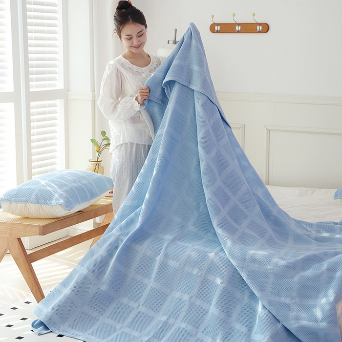 91家纺网 家纺一手货源 找家纺 朴尔家纺-毛巾被 2026新款全棉纯棉质朴方格风立体华夫格透气纱布毛巾被-朴尔经典款常年备货 方格华夫格-浅蓝