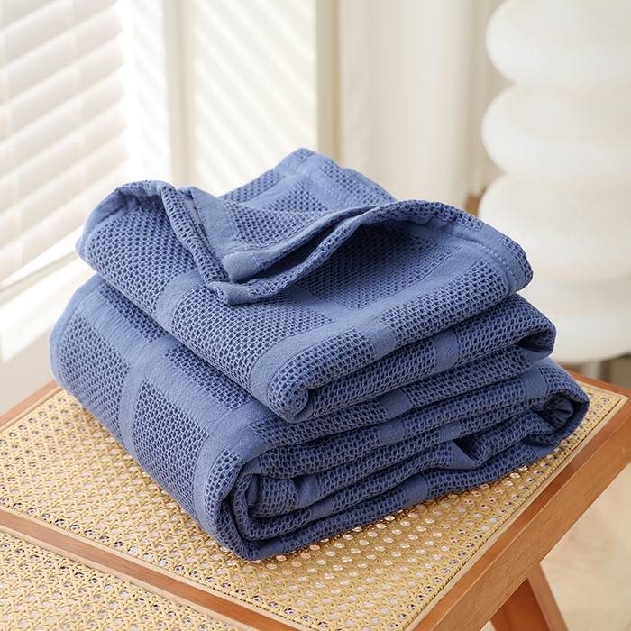 朴尔家纺-毛巾被 2026新款全棉纯棉质朴方格风立体华夫格透气纱布毛巾被-朴尔经典款常年备货 方格华夫格-深蓝