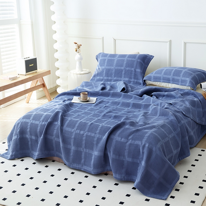 91家纺网 家纺一手货源 找家纺 朴尔家纺-毛巾被 2026新款全棉纯棉质朴方格风立体华夫格透气纱布毛巾被-朴尔经典款常年备货 方格华夫格-深蓝