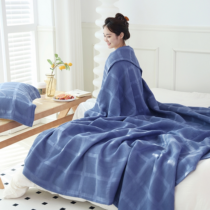 91家纺网 家纺一手货源 找家纺 朴尔家纺-毛巾被 2026新款全棉纯棉质朴方格风立体华夫格透气纱布毛巾被-朴尔经典款常年备货 方格华夫格-深蓝