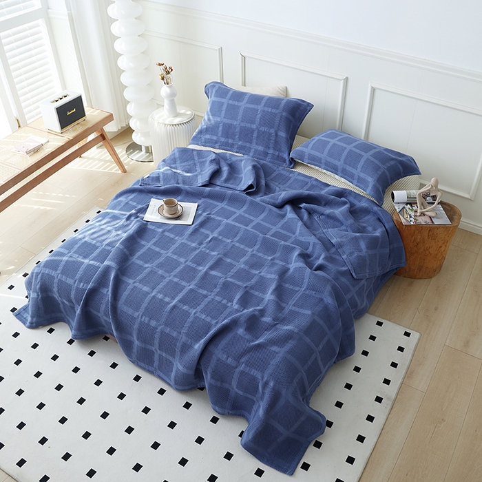 91家纺网 家纺一手货源 找家纺 朴尔家纺-毛巾被 2026新款全棉纯棉质朴方格风立体华夫格透气纱布毛巾被-朴尔经典款常年备货 方格华夫格-深蓝