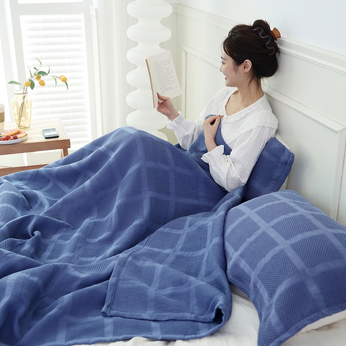 91家纺网 家纺一手货源 找家纺 朴尔家纺-毛巾被 2026新款全棉纯棉质朴方格风立体华夫格透气纱布毛巾被-朴尔经典款常年备货 方格华夫格-深蓝