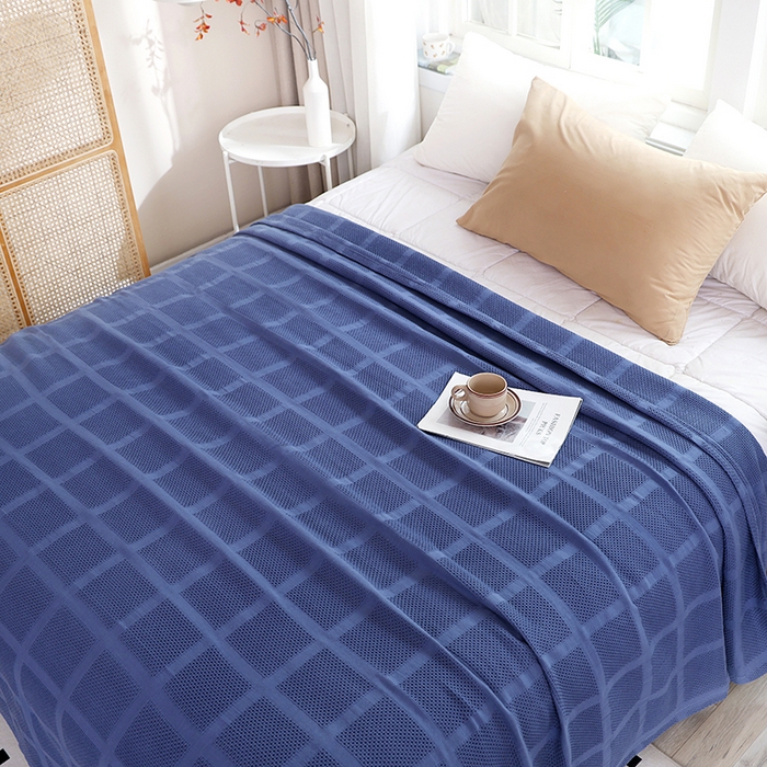 91家纺网 家纺一手货源 找家纺 朴尔家纺-毛巾被 2026新款全棉纯棉质朴方格风立体华夫格透气纱布毛巾被-朴尔经典款常年备货 方格华夫格-深蓝