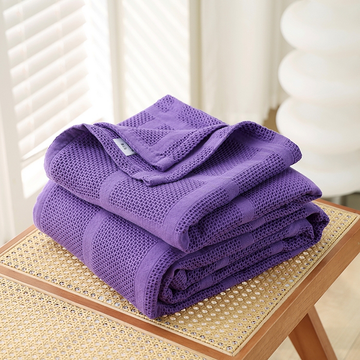 朴尔家纺-毛巾被 2026新款全棉纯棉质朴方格风立体华夫格透气纱布毛巾被-朴尔经典款常年备货 方格华夫格-紫