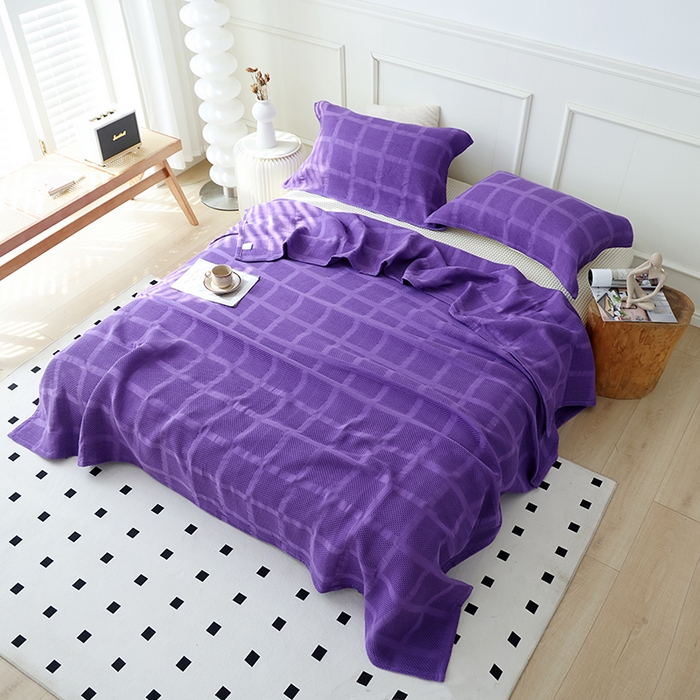 91家纺网 家纺一手货源 找家纺 朴尔家纺-毛巾被 2026新款全棉纯棉质朴方格风立体华夫格透气纱布毛巾被-朴尔经典款常年备货 方格华夫格-紫