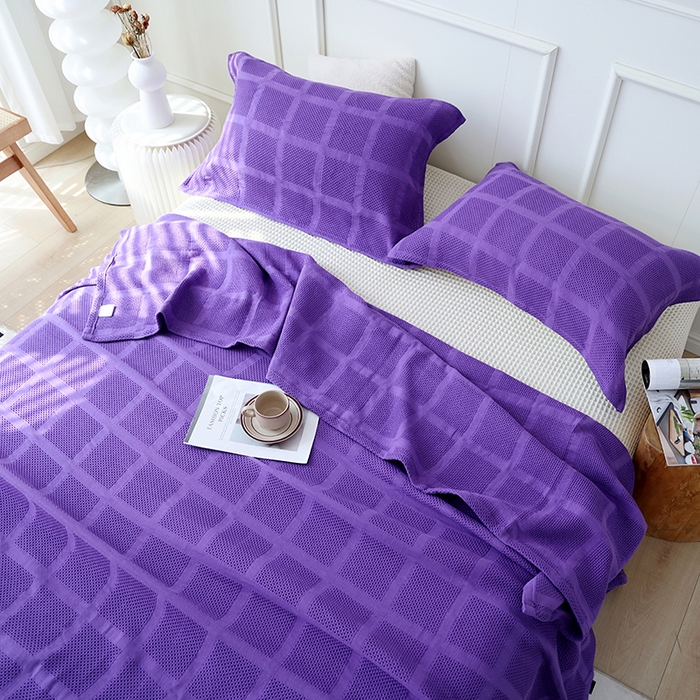 91家纺网 家纺一手货源 找家纺 朴尔家纺-毛巾被 2026新款全棉纯棉质朴方格风立体华夫格透气纱布毛巾被-朴尔经典款常年备货 方格华夫格-紫