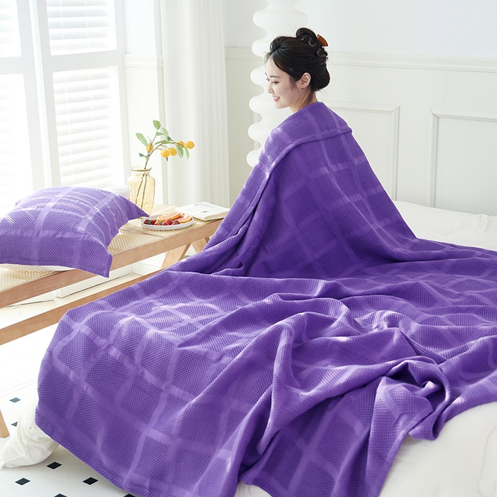 91家纺网 家纺一手货源 找家纺 朴尔家纺-毛巾被 2026新款全棉纯棉质朴方格风立体华夫格透气纱布毛巾被-朴尔经典款常年备货 方格华夫格-紫
