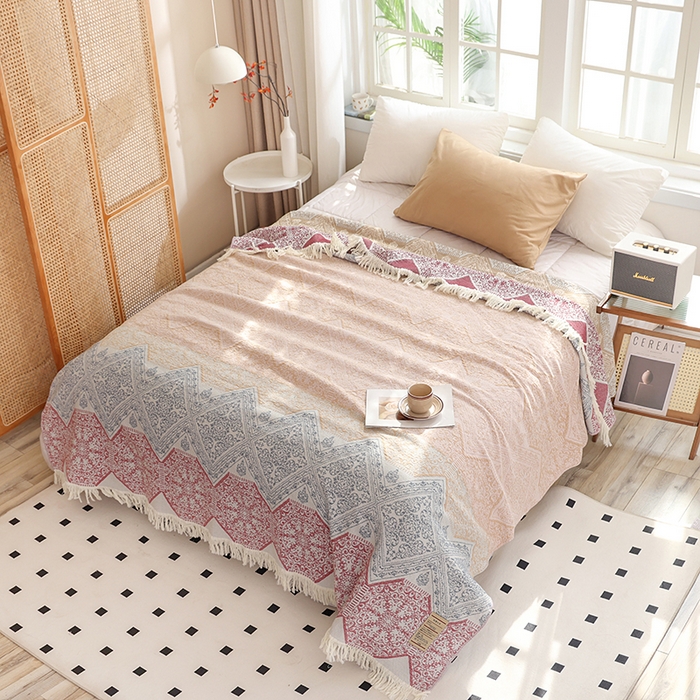 91家纺网 家纺一手货源 找家纺 （总）朴尔家纺-毛巾被 2026新款素臻风流苏花边全棉纯棉四层水洗纱布毛巾被-朴尔经典款常年备货