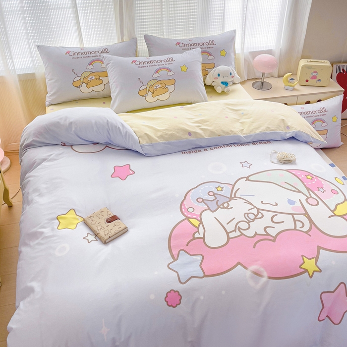 91家纺网 家纺一手货源 找家纺 朵希曼 2026新款正版授权全棉大版数码印花三丽鸥系列四件套 彩虹大耳狗