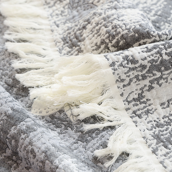 91家纺网 家纺一手货源 找家纺 朴尔家纺-毛巾被 2026新款素臻风流苏花边全棉纯棉四层水洗纱布毛巾被-朴尔经典款常年备货 柠香-灰