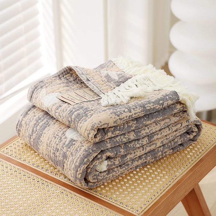 朴尔家纺-毛巾被 2026新款素臻风流苏花边全棉纯棉四层水洗纱布毛巾被-朴尔经典款常年备货 柠香-咖