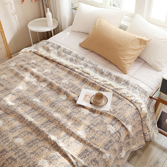 91家纺网 家纺一手货源 找家纺 朴尔家纺-毛巾被 2026新款素臻风流苏花边全棉纯棉四层水洗纱布毛巾被-朴尔经典款常年备货 柠香-咖