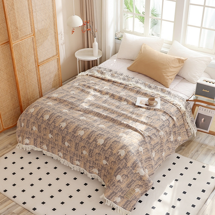 91家纺网 家纺一手货源 找家纺 朴尔家纺-毛巾被 2026新款素臻风流苏花边全棉纯棉四层水洗纱布毛巾被-朴尔经典款常年备货 柠香-咖