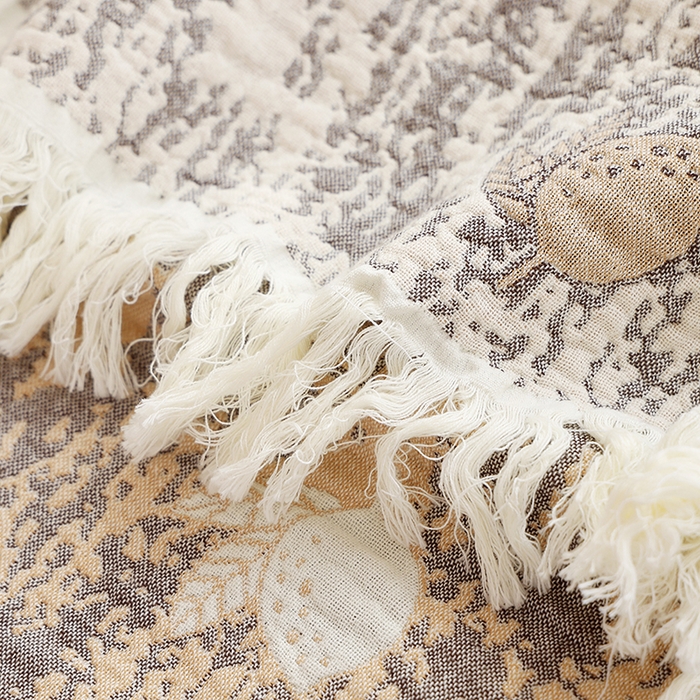 91家纺网 家纺一手货源 找家纺 朴尔家纺-毛巾被 2026新款素臻风流苏花边全棉纯棉四层水洗纱布毛巾被-朴尔经典款常年备货 柠香-咖