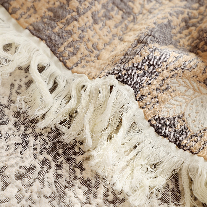 91家纺网 家纺一手货源 找家纺 朴尔家纺-毛巾被 2026新款素臻风流苏花边全棉纯棉四层水洗纱布毛巾被-朴尔经典款常年备货 柠香-咖