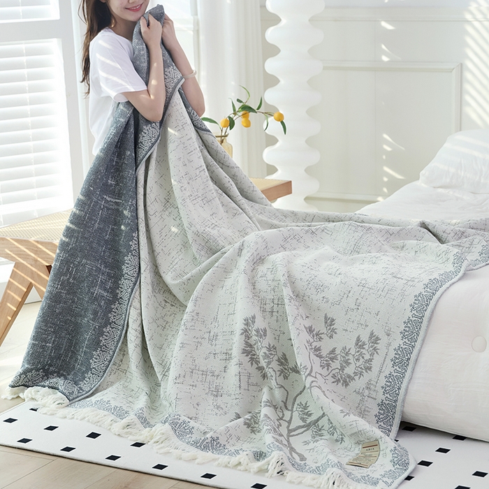 91家纺网 家纺一手货源 找家纺 朴尔家纺-毛巾被 2026新款素臻风流苏花边全棉纯棉四层水洗纱布毛巾被-朴尔经典款常年备货 浅梦-灰