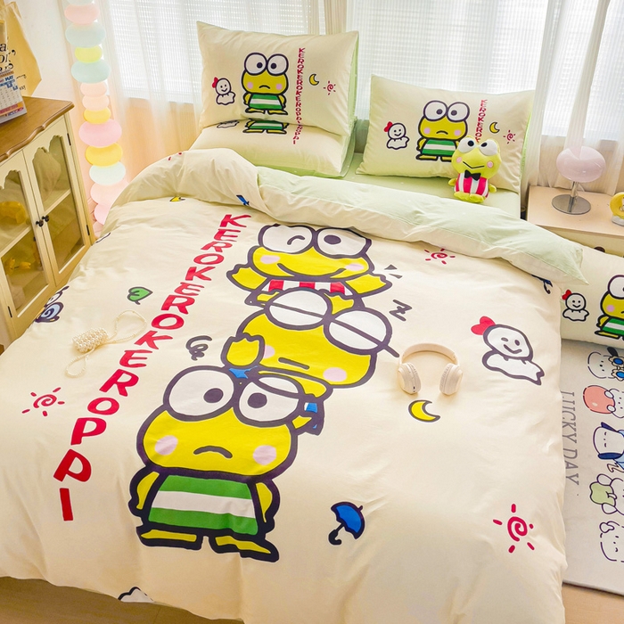 91家纺网 家纺一手货源 找家纺 朵希曼 2026新款正版授权全棉大版数码印花三丽鸥系列四件套 大眼蛙兄弟