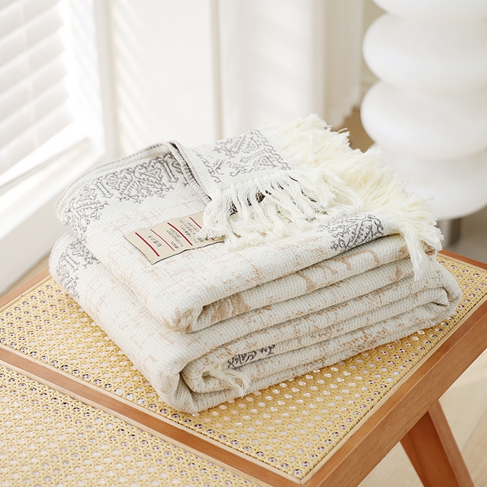 朴尔家纺-毛巾被 2026新款素臻风流苏花边全棉纯棉四层水洗纱布毛巾被-朴尔经典款常年备货 浅梦-驼