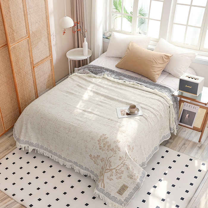 91家纺网 家纺一手货源 找家纺 朴尔家纺-毛巾被 2026新款素臻风流苏花边全棉纯棉四层水洗纱布毛巾被-朴尔经典款常年备货 浅梦-驼