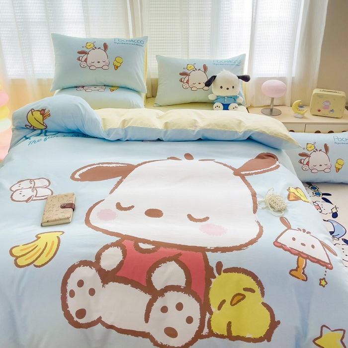 91家纺网 家纺一手货源 找家纺 朵希曼 2026新款正版授权全棉大版数码印花三丽鸥系列四件套 呆萌帕恰狗