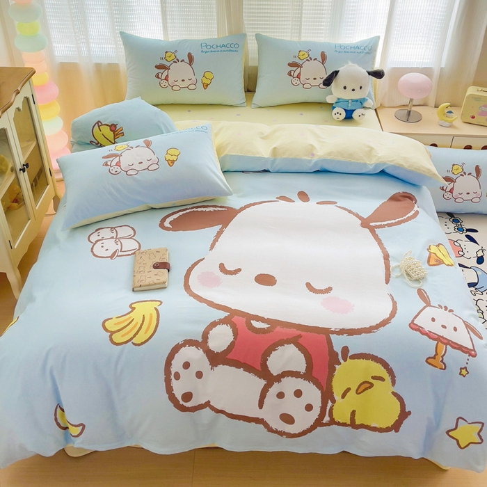 91家纺网 家纺一手货源 找家纺 朵希曼 2026新款正版授权全棉大版数码印花三丽鸥系列四件套 呆萌帕恰狗