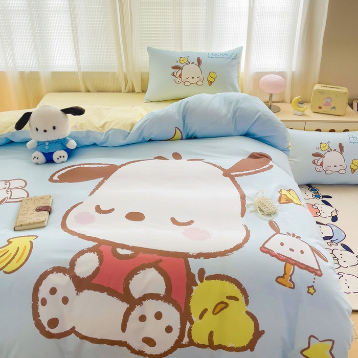 91家纺网 家纺一手货源 找家纺 朵希曼 2026新款正版授权全棉大版数码印花三丽鸥系列四件套 呆萌帕恰狗