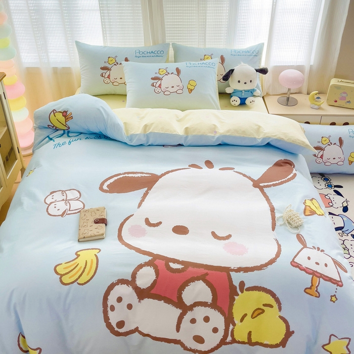 91家纺网 家纺一手货源 找家纺 朵希曼 2026新款正版授权全棉大版数码印花三丽鸥系列四件套 呆萌帕恰狗