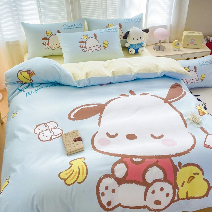 91家纺网 家纺一手货源 找家纺 朵希曼 2026新款正版授权全棉大版数码印花三丽鸥系列四件套 呆萌帕恰狗