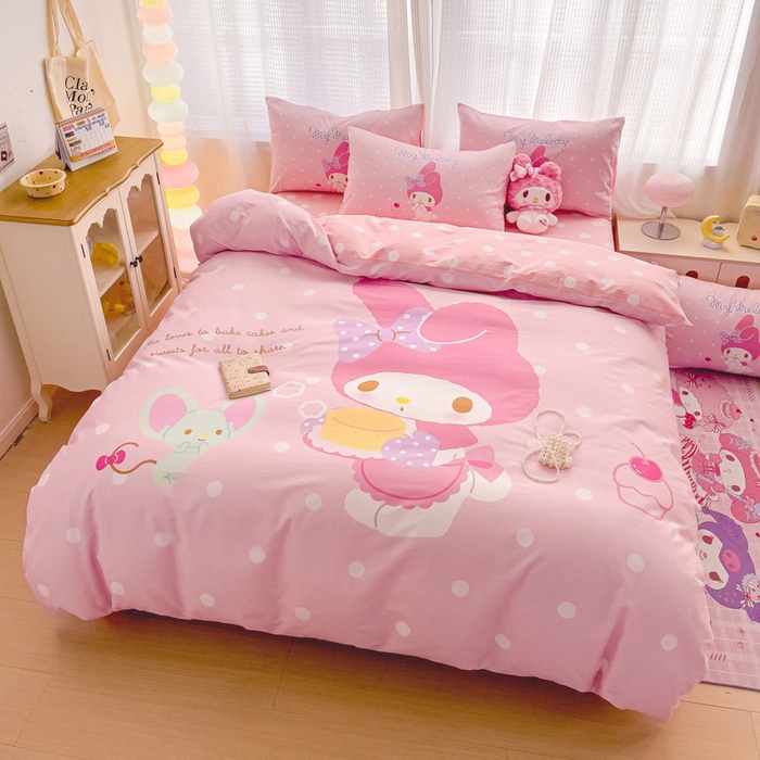 91家纺网 家纺一手货源 找家纺 朵希曼 2026新款正版授权全棉大版数码印花三丽鸥系列四件套 蛋糕美乐蒂