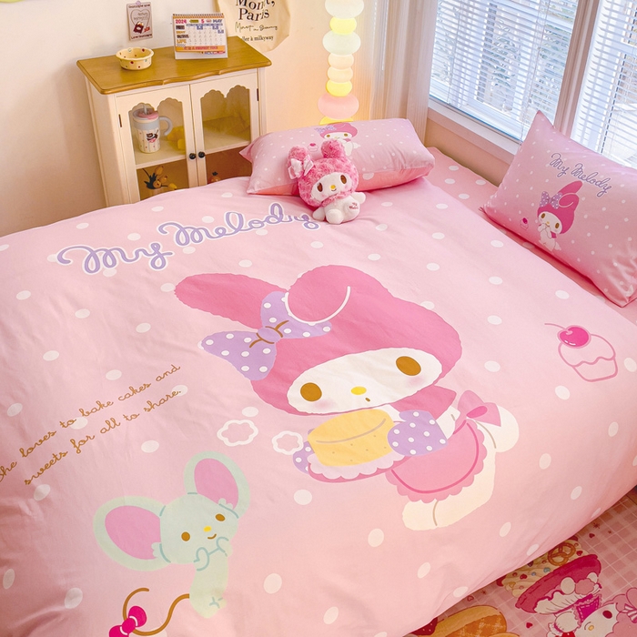 91家纺网 家纺一手货源 找家纺 朵希曼 2026新款正版授权全棉大版数码印花三丽鸥系列四件套 蛋糕美乐蒂