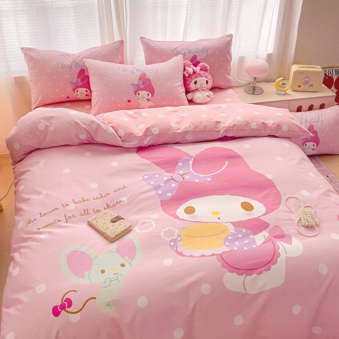 91家纺网 家纺一手货源 找家纺 朵希曼 2026新款正版授权全棉大版数码印花三丽鸥系列四件套 蛋糕美乐蒂