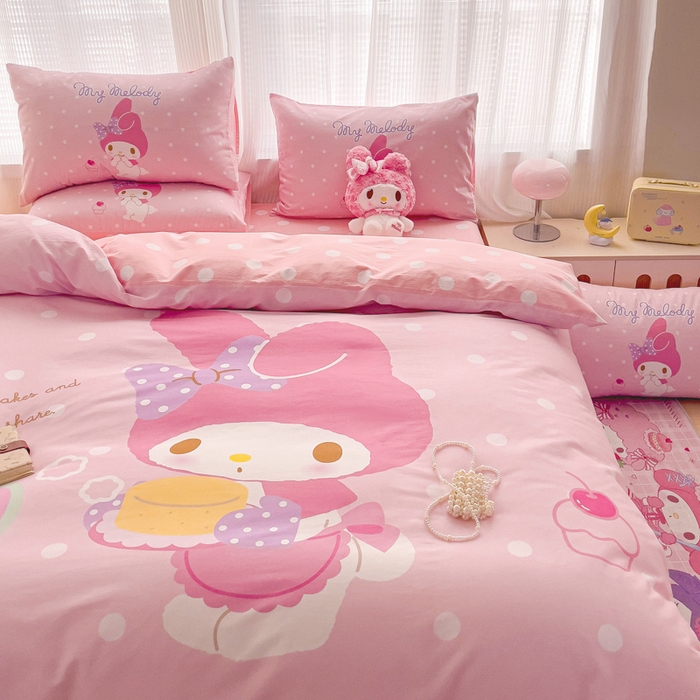 91家纺网 家纺一手货源 找家纺 朵希曼 2026新款正版授权全棉大版数码印花三丽鸥系列四件套 蛋糕美乐蒂