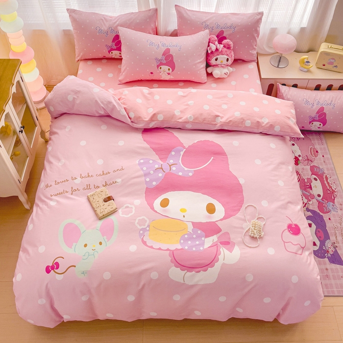 91家纺网 家纺一手货源 找家纺 朵希曼 2026新款正版授权全棉大版数码印花三丽鸥系列四件套 蛋糕美乐蒂