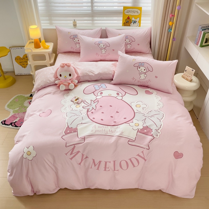 朵希曼 2026新款正版授权全棉大版数码印花三丽鸥系列四件套 粉兔草莓