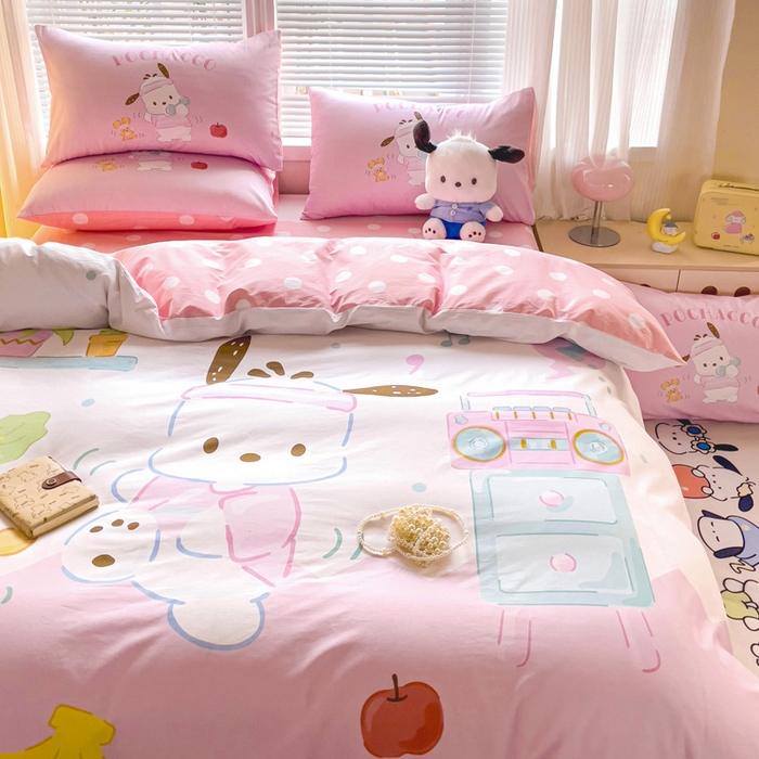 91家纺网 家纺一手货源 找家纺 朵希曼 2026新款正版授权全棉大版数码印花三丽鸥系列四件套 活力帕恰狗