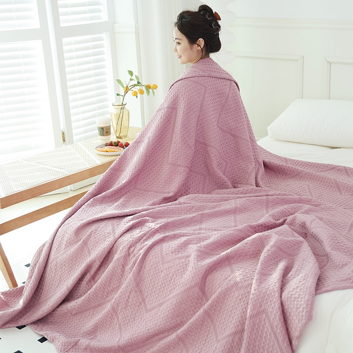 91家纺网 家纺一手货源 找家纺 朴尔家纺-毛巾被 2026新款全棉纯棉摩拉山峦风立体透气蜂窝华夫格纱布毛巾被-朴尔经典款常年备货 波浪华夫格-粉