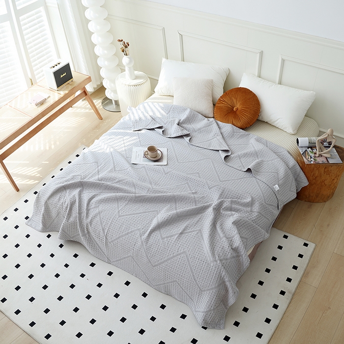 91家纺网 家纺一手货源 找家纺 朴尔家纺-毛巾被 2026新款全棉纯棉摩拉山峦风立体透气蜂窝华夫格纱布毛巾被-朴尔经典款常年备货 波浪华夫格-灰