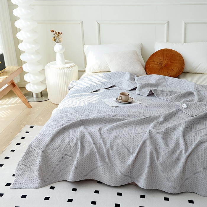 91家纺网 家纺一手货源 找家纺 朴尔家纺-毛巾被 2026新款全棉纯棉摩拉山峦风立体透气蜂窝华夫格纱布毛巾被-朴尔经典款常年备货 波浪华夫格-灰