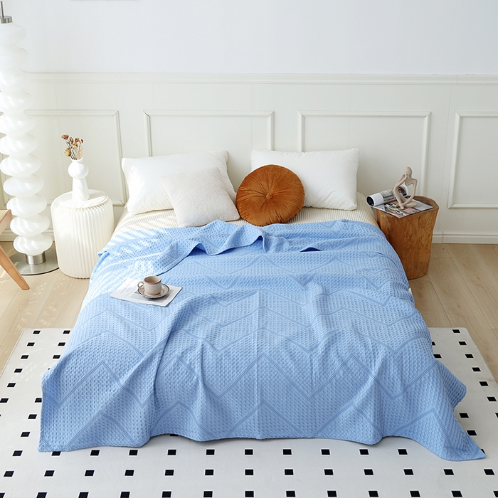 91家纺网 家纺一手货源 找家纺 朴尔家纺-毛巾被 2026新款全棉纯棉摩拉山峦风立体透气蜂窝华夫格纱布毛巾被-朴尔经典款常年备货 波浪华夫格-浅蓝